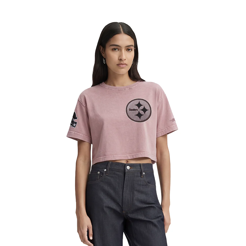 NFL PITTSBURGH STEELERS WASHED JEWELS WOMEN'S S/S BOXY TEE (WASHED MAUVE)