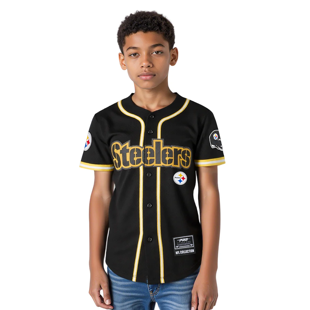 NFL PITTSBURGH STEELERS CLASSIC BIG BOYS MESH BUTTON DOWN SHIRT (BLACK/YELLOW)