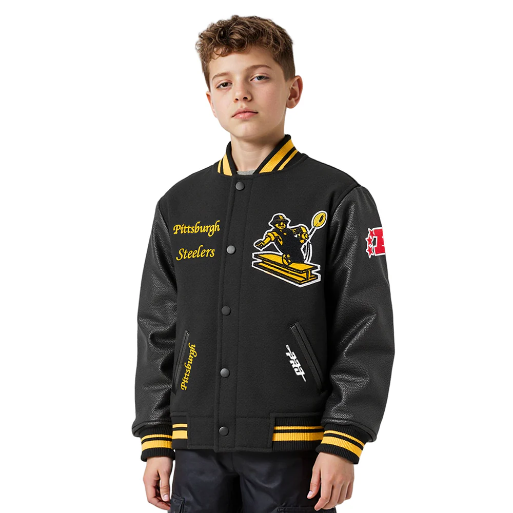 NFL PITTSBURGH STEELERS RETRO CLASSIC BIG BOYS RIB WOOL VARSITY JACKET (BLACK/YELLOW)