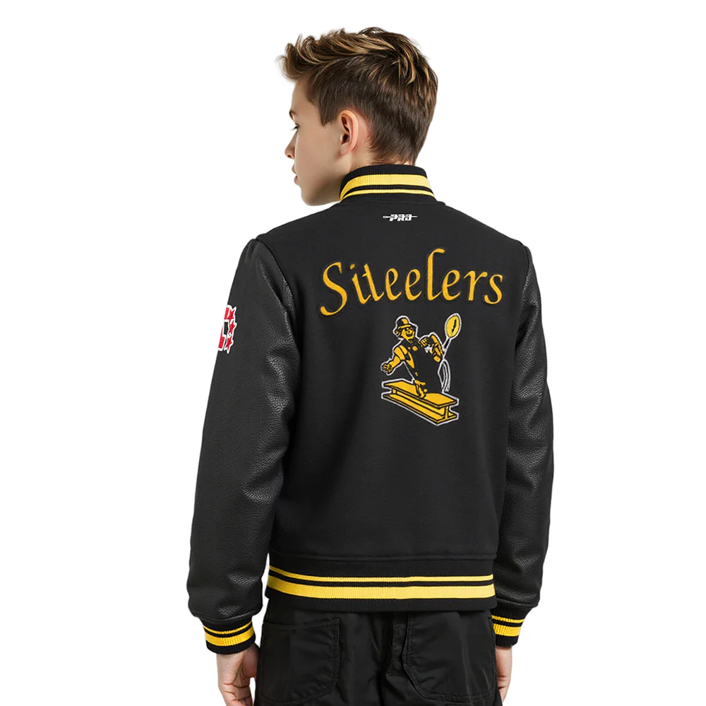 NFL PITTSBURGH STEELERS RETRO CLASSIC BIG BOYS RIB WOOL VARSITY JACKET (BLACK/YELLOW) - Image 2