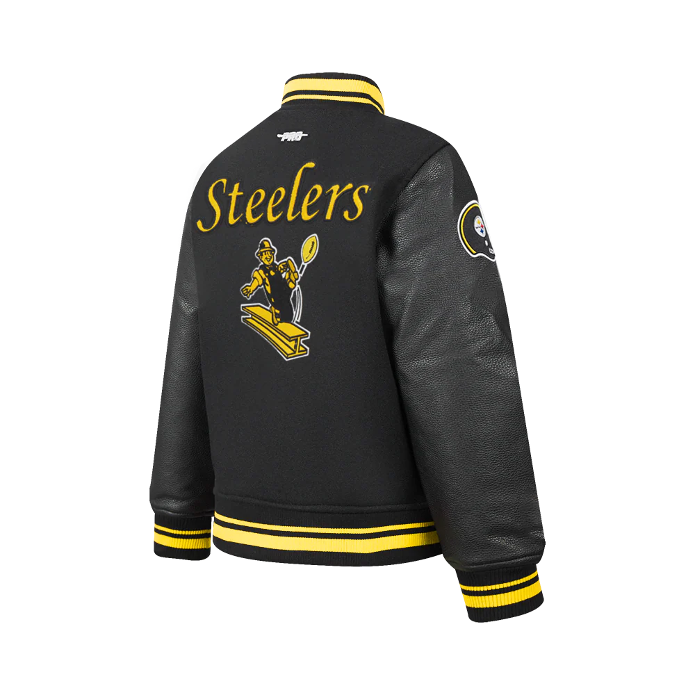 NFL PITTSBURGH STEELERS RETRO CLASSIC BIG BOYS RIB WOOL VARSITY JACKET (BLACK/YELLOW) - Image 5