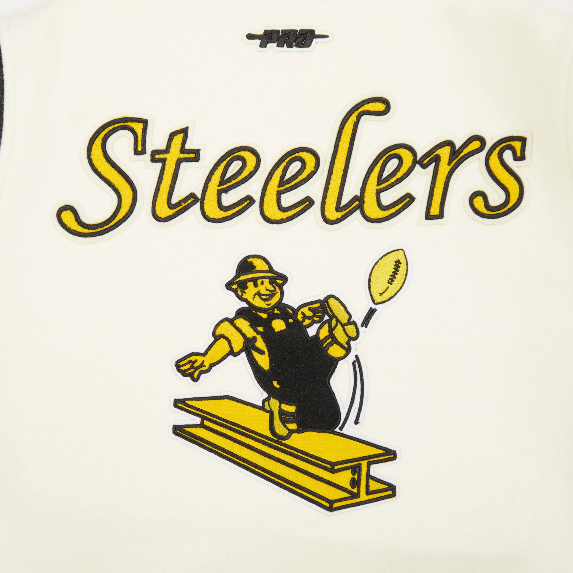 NFL PITTSBURGH STEELERS RETRO CLASSIC BIG BOYS RIB WOOL VARSITY JACKET (EGGSHELL/ BLACK) - Image 11