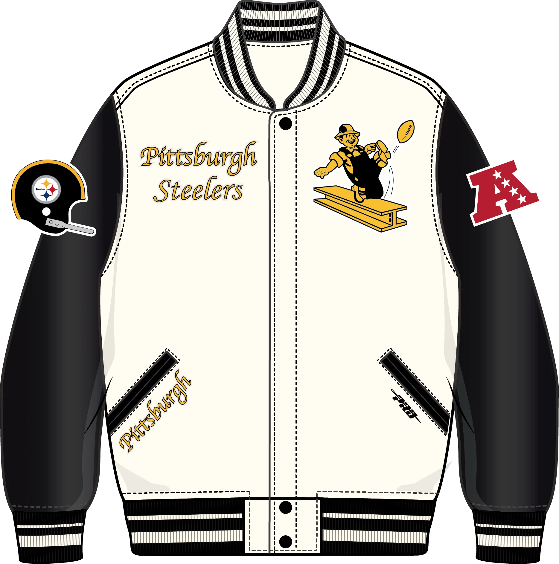 NFL PITTSBURGH STEELERS RETRO CLASSIC BIG BOYS RIB WOOL VARSITY JACKET (EGGSHELL/ BLACK) - Image 13