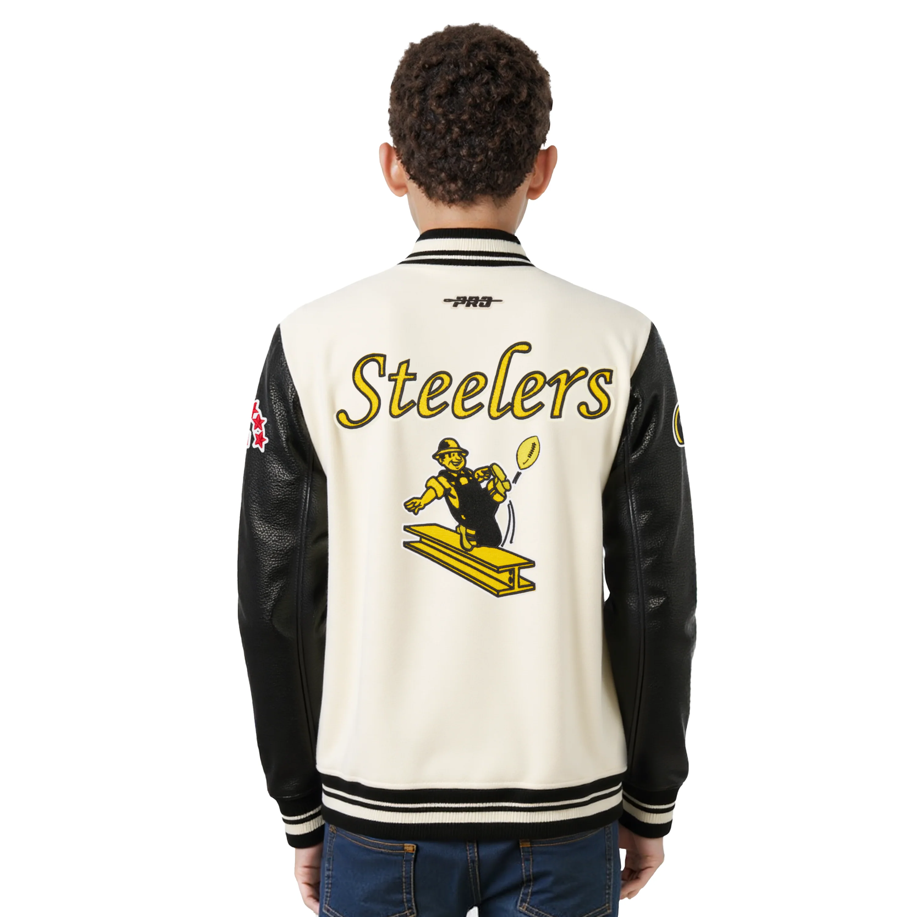 NFL PITTSBURGH STEELERS RETRO CLASSIC BIG BOYS RIB WOOL VARSITY JACKET (EGGSHELL/ BLACK) - Image 2