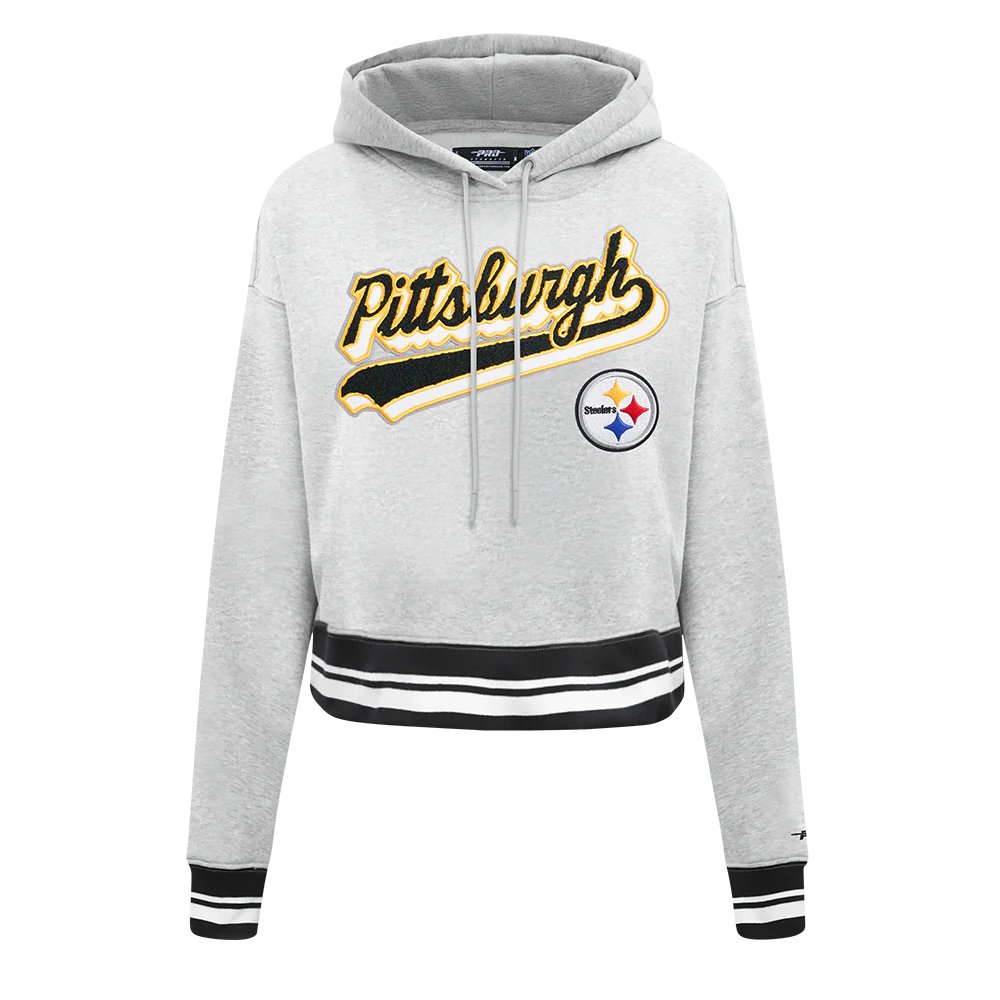 NFL PITTSBURGH STEELERS SCRIPT TAIL WOMEN'S RIB FLC CROPPED PO HOODIE (HEATHER GRAY/BLACK)