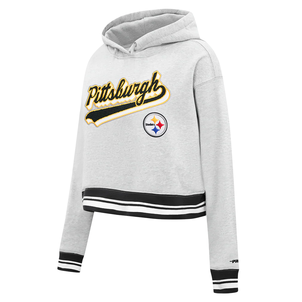 NFL PITTSBURGH STEELERS SCRIPT TAIL WOMEN'S RIB FLC CROPPED PO HOODIE (HEATHER GRAY/BLACK) - Image 2