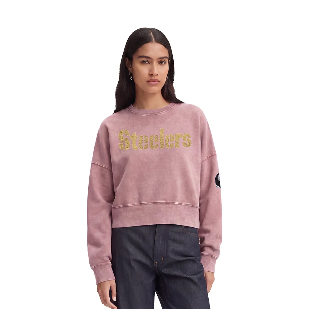 NFL PITTSBURGH STEELERS WASHED JEWELS WOMEN'S CREWNECK SWEATSHIRT (WASHED MAUVE)