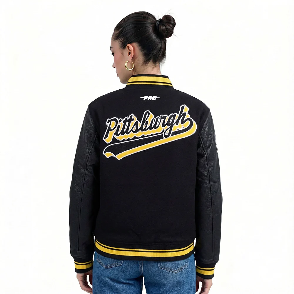 NFL PITTSBURGH STEELERS SCRIPT TAIL WOMEN'S WOOL VARSITY JACKET (BLACK/YELLOW) - Image 2