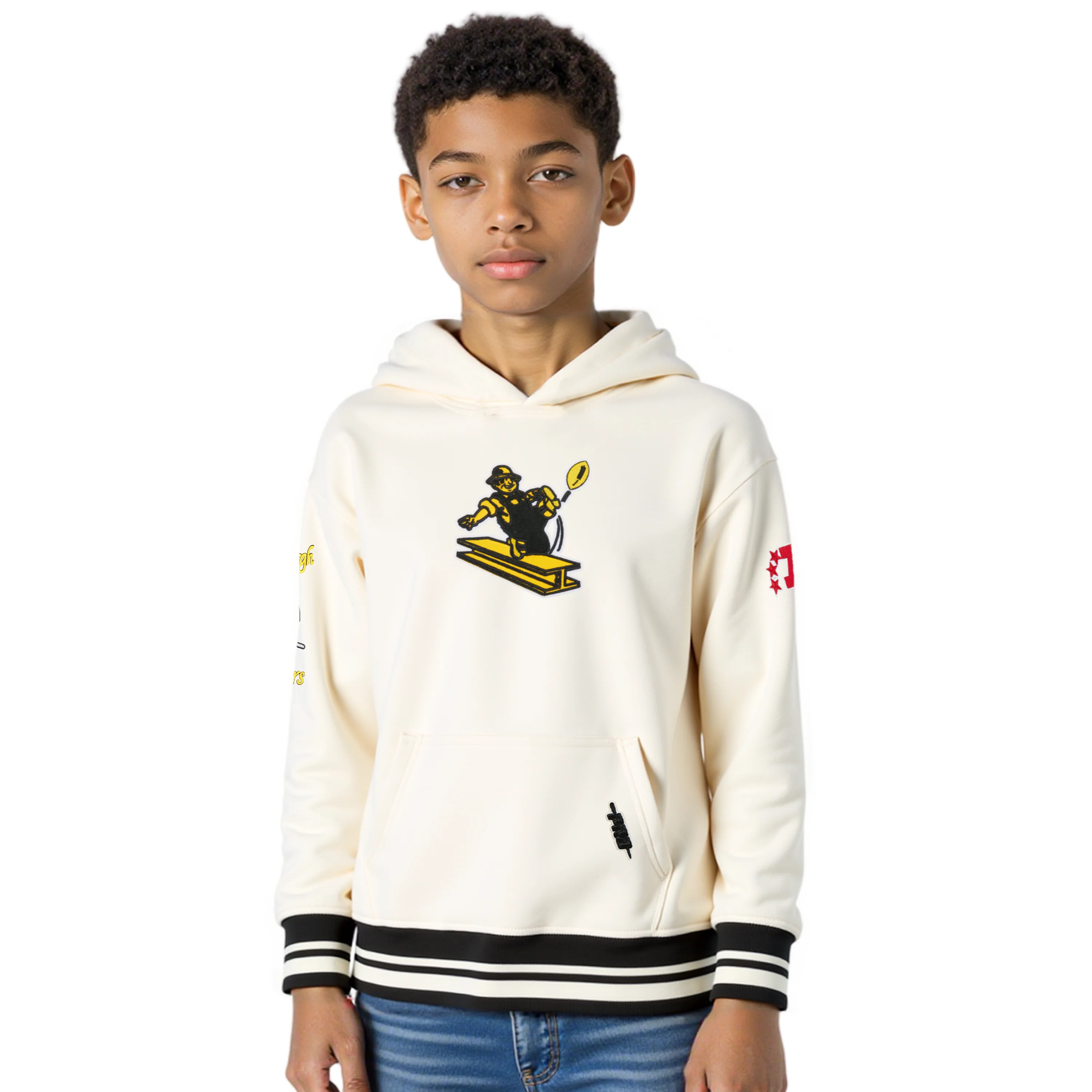 NFL PITTSBURGH STEELERS RETRO CLASSIC LITTLE BOYS RIB FLEECE PULLOVER HOODIE (EGGSHELL/ BLACK)
