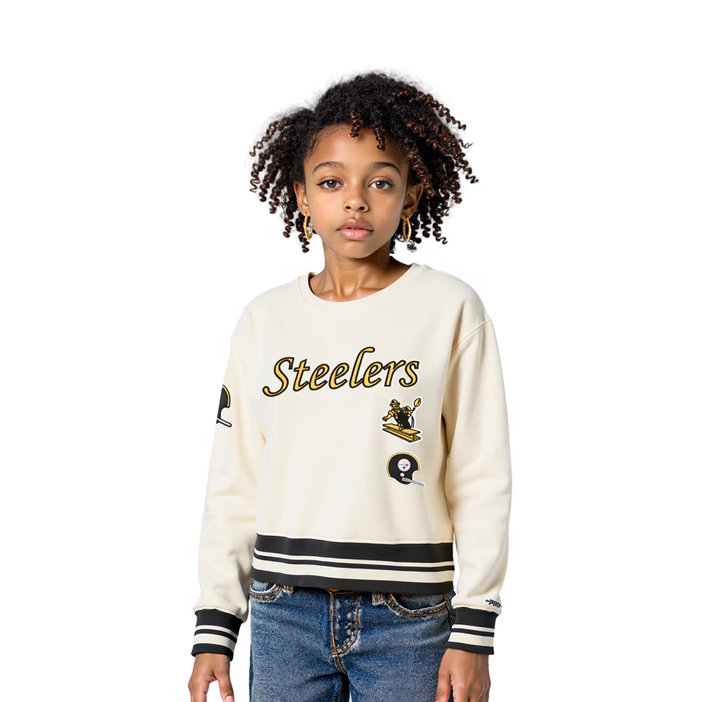 NFL PITTSBURGH STEELERS RETRO CLASSIC LITTLE GIRLS RIB FLEECE CREWNECK (EGGSHELL/ BLACK)
