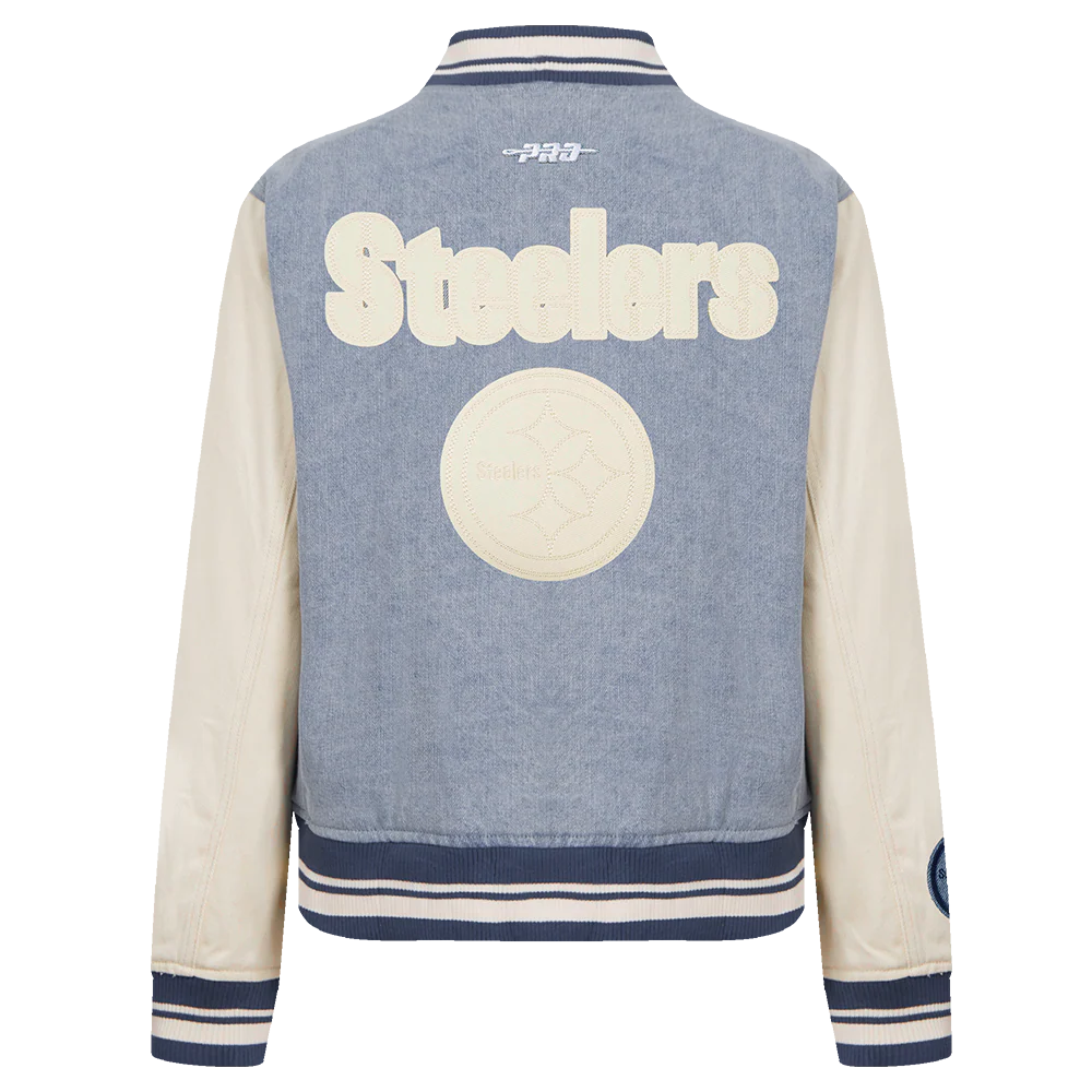 NFL PITTSBURGH STEELERS VARSITY BLUES WOMEN'S DENIM VARSITY JACKET (DENIM/LINEN) - Image 3