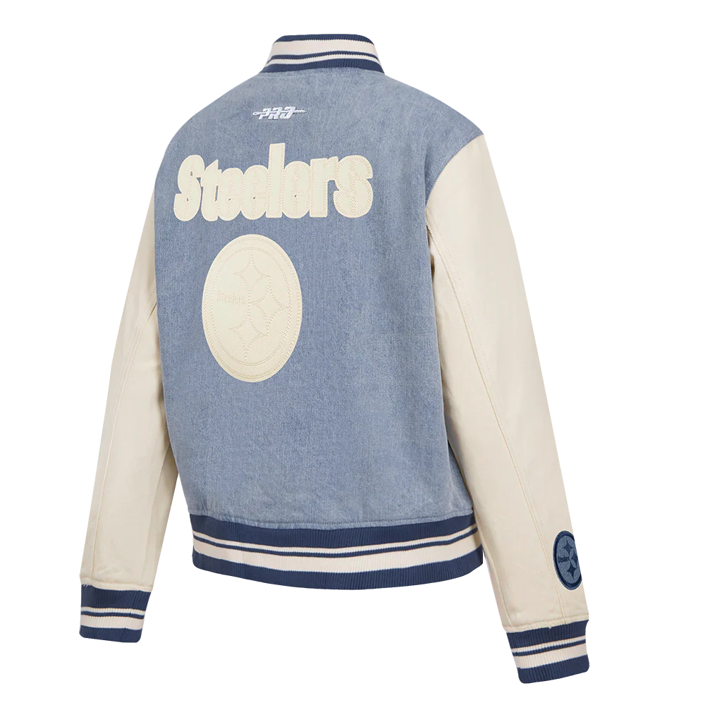 NFL PITTSBURGH STEELERS VARSITY BLUES WOMEN'S DENIM VARSITY JACKET (DENIM/LINEN) - Image 4