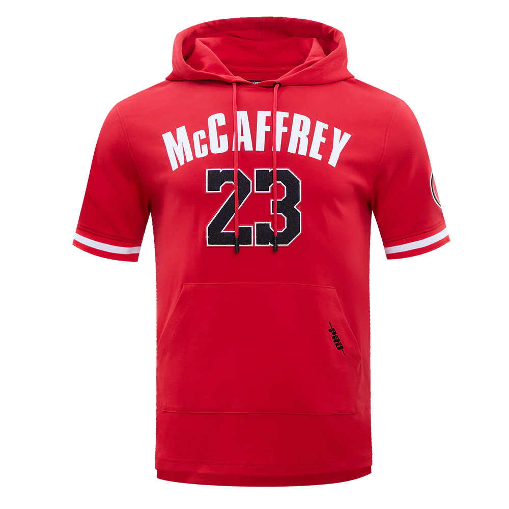 NFL SAN FRANCISCO 49ERS CHRISTIAN McCAFFREY #23 MEN'S DOUBLE KNIT SHORT SLEEVE PULLOVER HOODIE (RED)