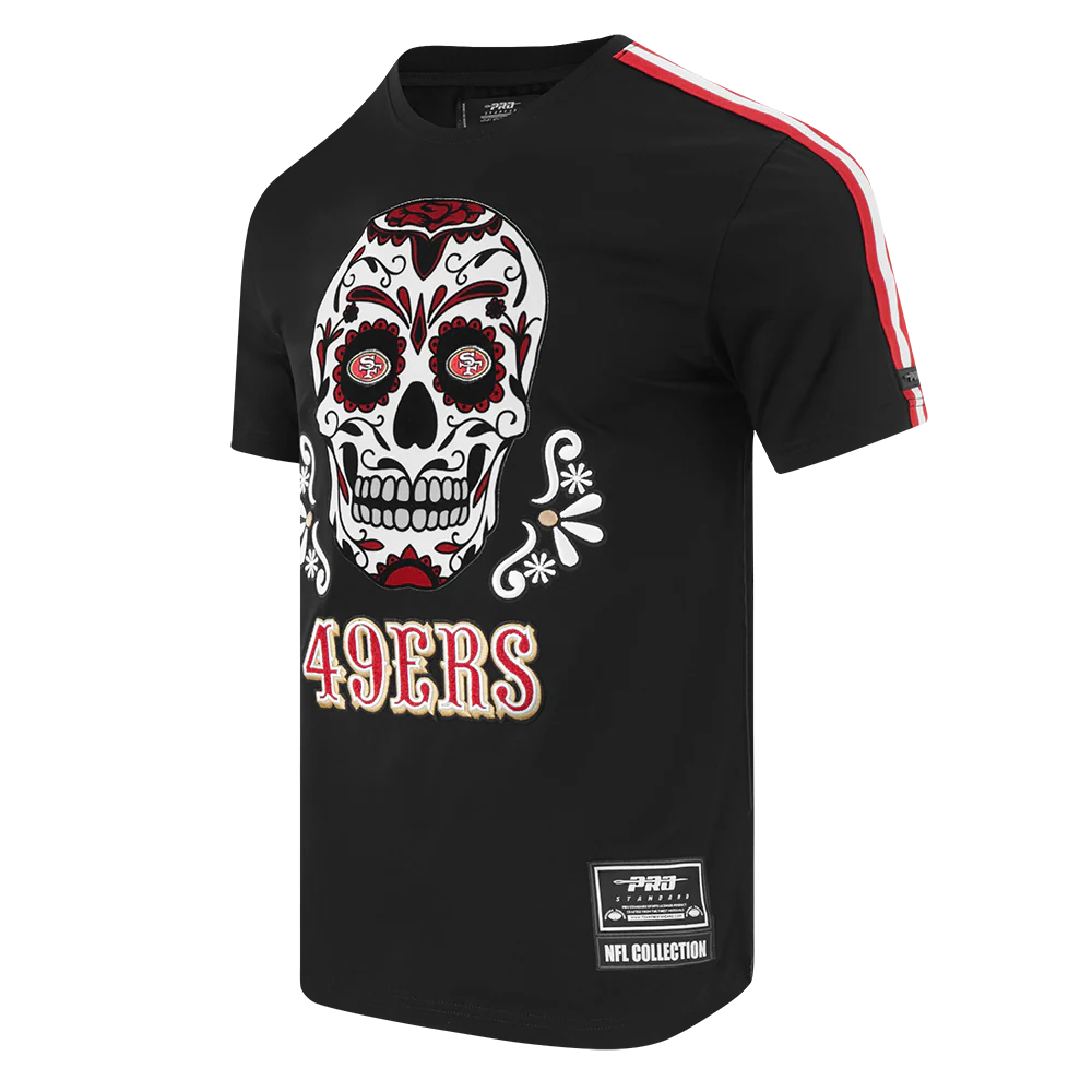 NFL SAN FRANCISCO 49ERS SUGAR SKULL MEN'S SINGLE JERSEY STRIPED TEE (BLACK/RED) - Image 2