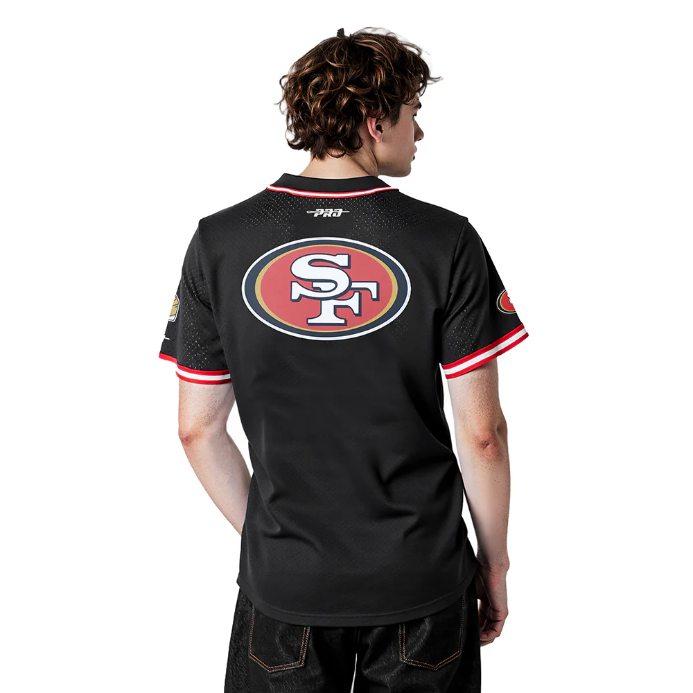 NFL SAN FRANCISCO 49ERS CHRISTIAN MCCAFFREY #23 CLASSIC MESH PNN MEN'S MESH BUTTON DOWN SHIRT (BLACK/RED) - Image 2