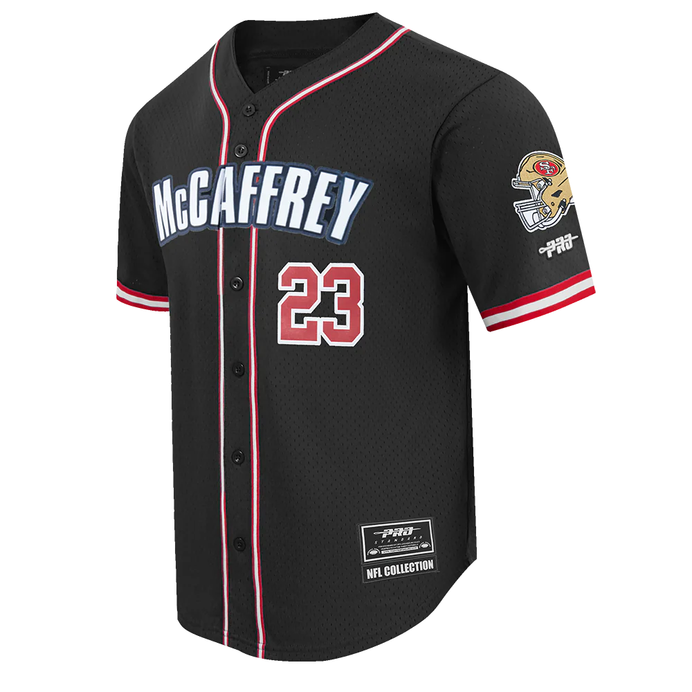 NFL SAN FRANCISCO 49ERS CHRISTIAN MCCAFFREY #23 CLASSIC MESH PNN MEN'S MESH BUTTON DOWN SHIRT (BLACK/RED) - Image 3