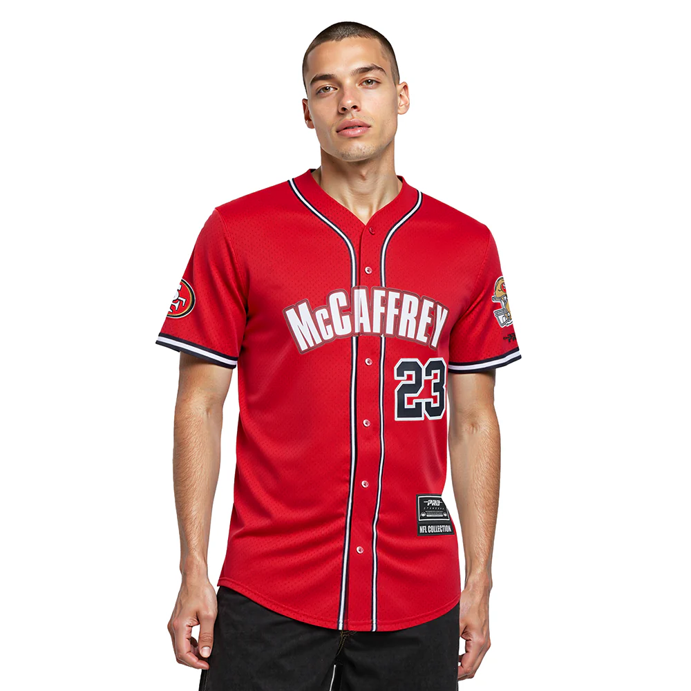 NFL SAN FRANCISCO 49ERS CHRISTIAN MCCAFFREY #23 CLASSIC MESH PNN MEN'S MESH BUTTON DOWN SHIRT (RED/BLACK)