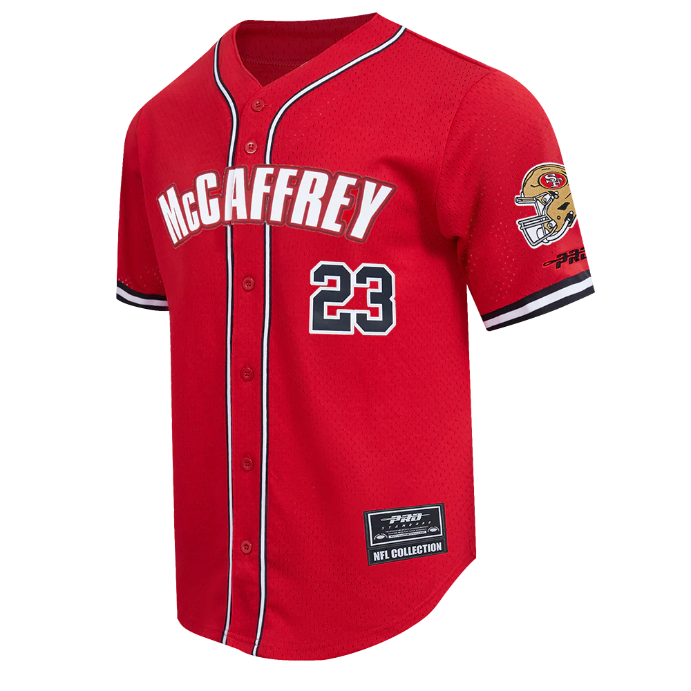 NFL SAN FRANCISCO 49ERS CHRISTIAN MCCAFFREY #23 CLASSIC MESH PNN MEN'S MESH BUTTON DOWN SHIRT (RED/BLACK) - Image 3