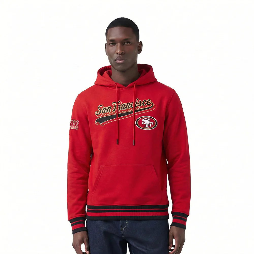 NFL SAN FRANCISCO 49ERS SCRIPT TAIL MEN'S RIB FLEECE PULLOVER HOODIE (RED/BLACK)