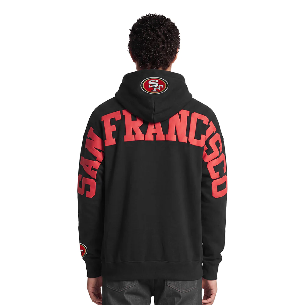 NFL SAN FRANCISCO 49ERS WINGSPAN MEN'S DROP SHOULDER FLEECE PULLOVER HOODIE (BLACK)