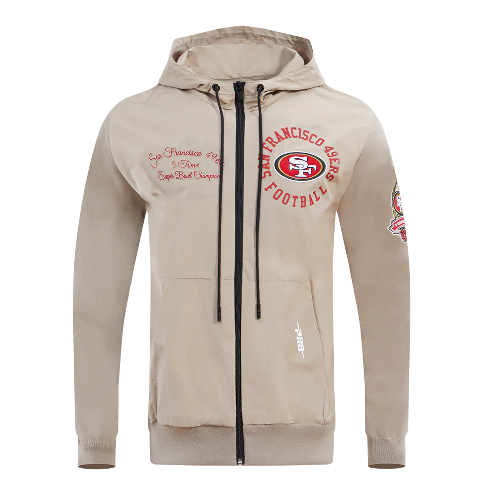 NFL SAN FRANCISCO 49ERS HYBRID MEN'S WOVEN FULL ZIP PULLOVER HOODIE (KHAKI)
