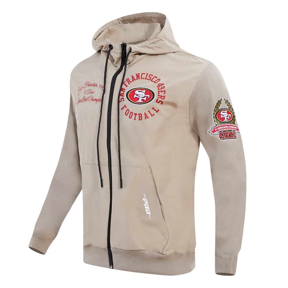 NFL SAN FRANCISCO 49ERS HYBRID MEN'S WOVEN FULL ZIP PULLOVER HOODIE (KHAKI) - Image 2