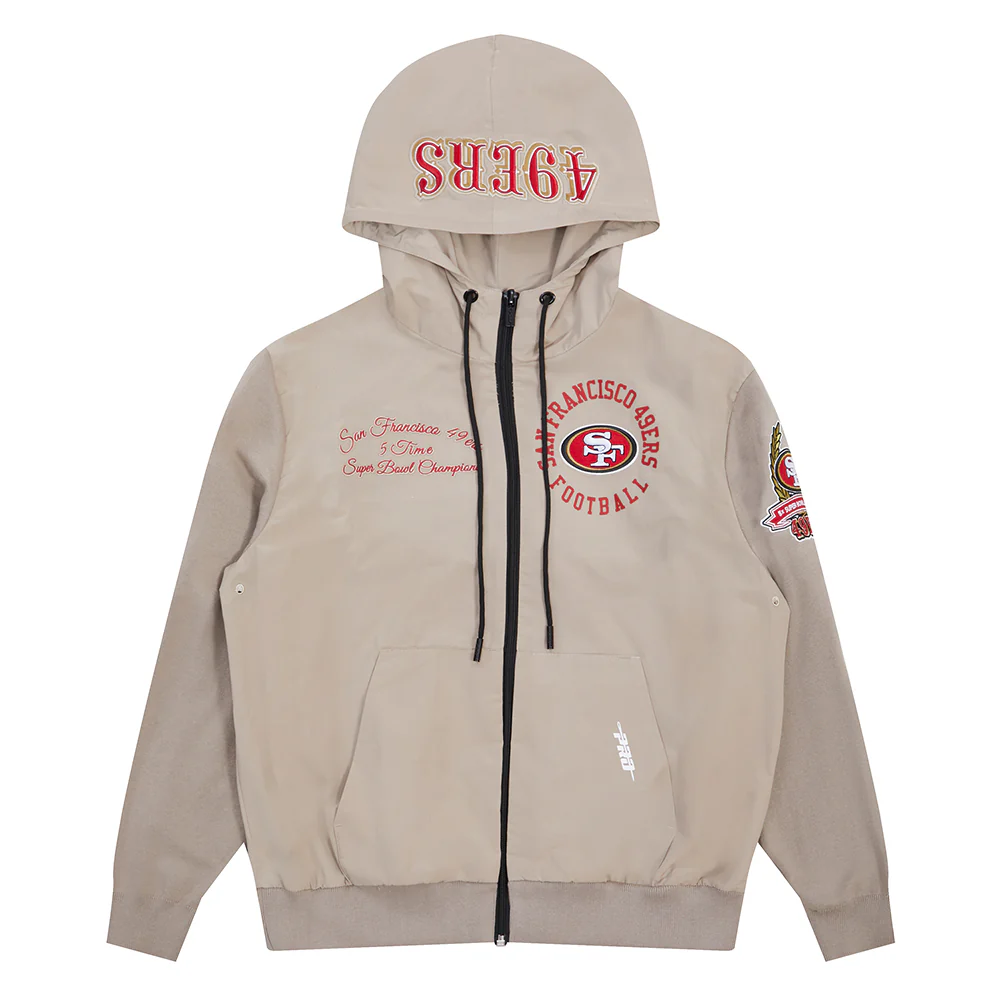 NFL SAN FRANCISCO 49ERS HYBRID MEN'S WOVEN FULL ZIP PULLOVER HOODIE (KHAKI) - Image 5