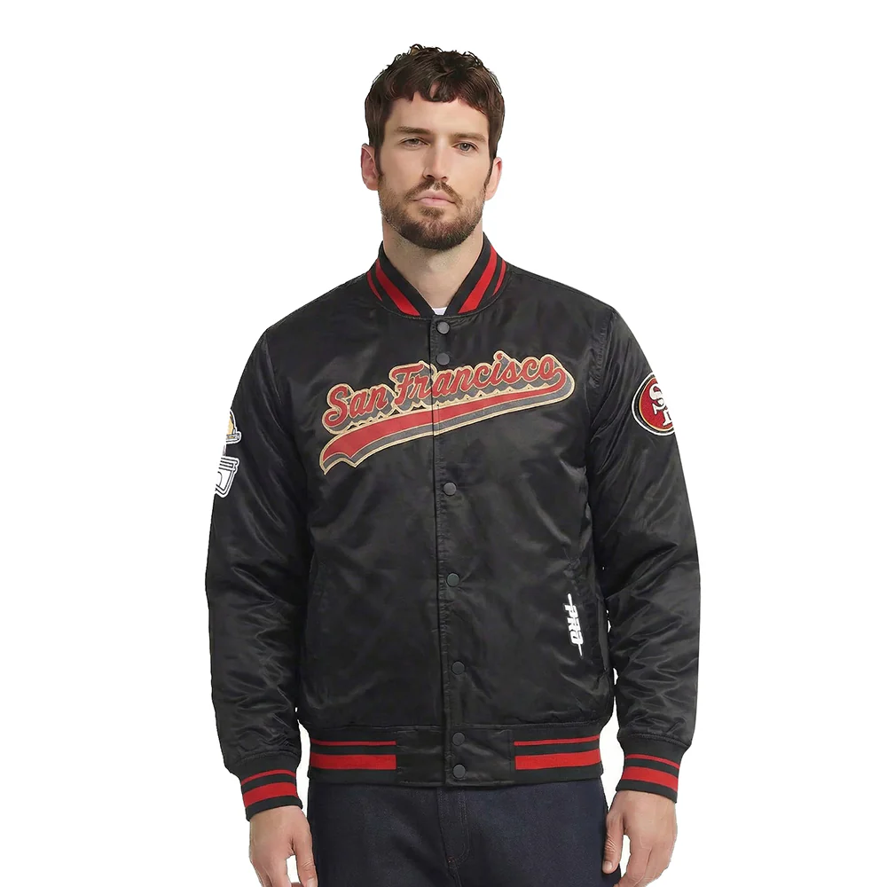 NFL SAN FRANCISCO 49ERS SCRIPT TAIL MEN'S SATIN JACKET (BLACK/RED/BLACK)