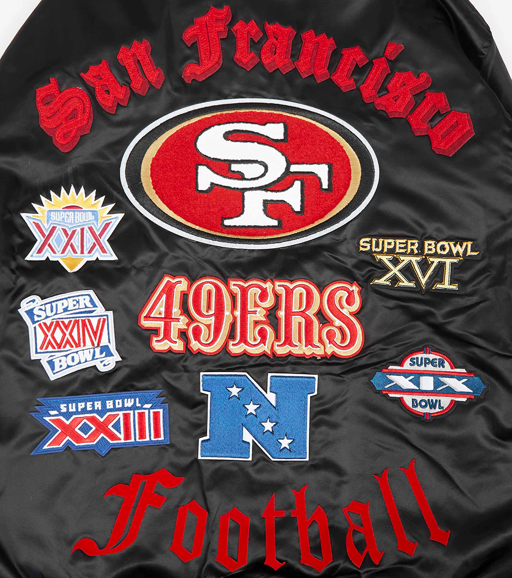 NFL SAN FRANCISCO 49ERS OLD ENGLISH MEN'S RIB SATIN JACKET (BLACK/RED/BLACK) - Image 5