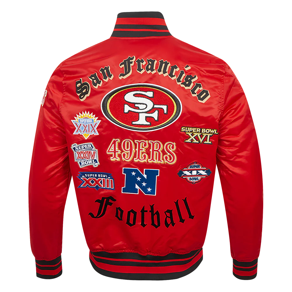 NFL SAN FRANCISCO 49ERS OLD ENGLISH MEN'S RIB SATIN JACKET (RED/BLACK) - Image 3