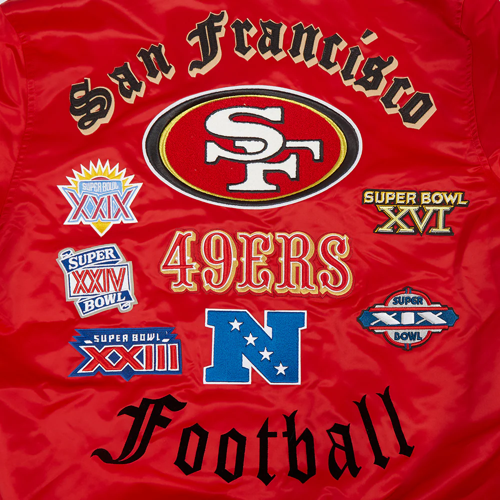 NFL SAN FRANCISCO 49ERS OLD ENGLISH MEN'S RIB SATIN JACKET (RED/BLACK) - Image 9