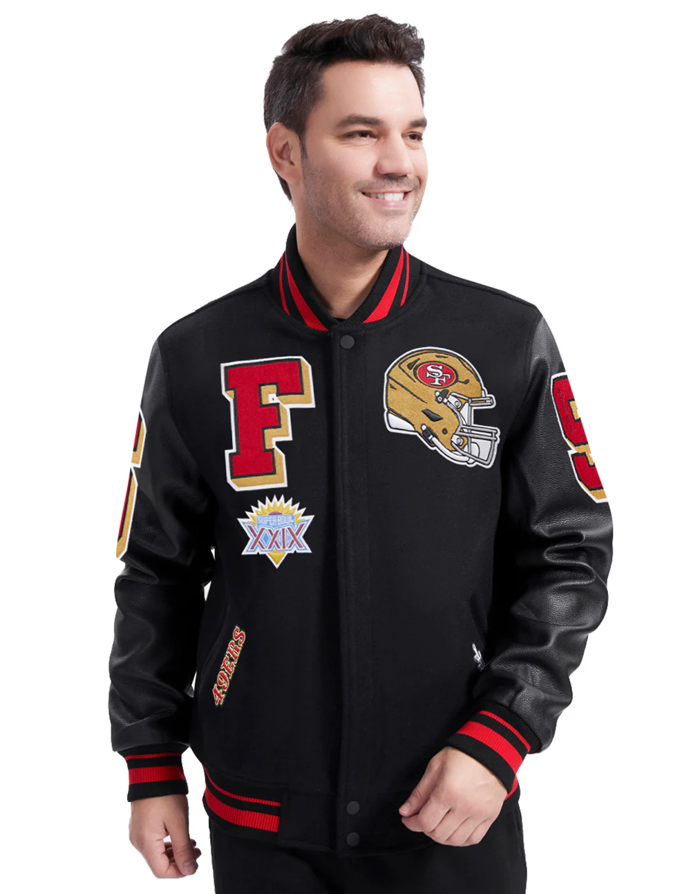 NFL SAN FRANCISCO 49ERS MASHUP MEN'S RIB WOOL VARSITY JACKET (BLACK/RED/BLACK)