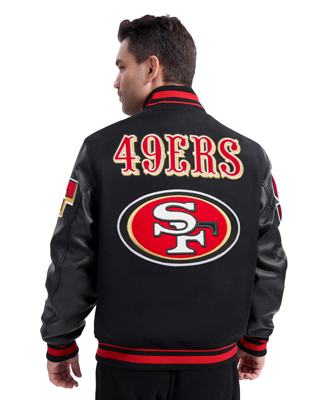 NFL SAN FRANCISCO 49ERS MASHUP MEN'S RIB WOOL VARSITY JACKET (BLACK/RED/BLACK) - Image 2