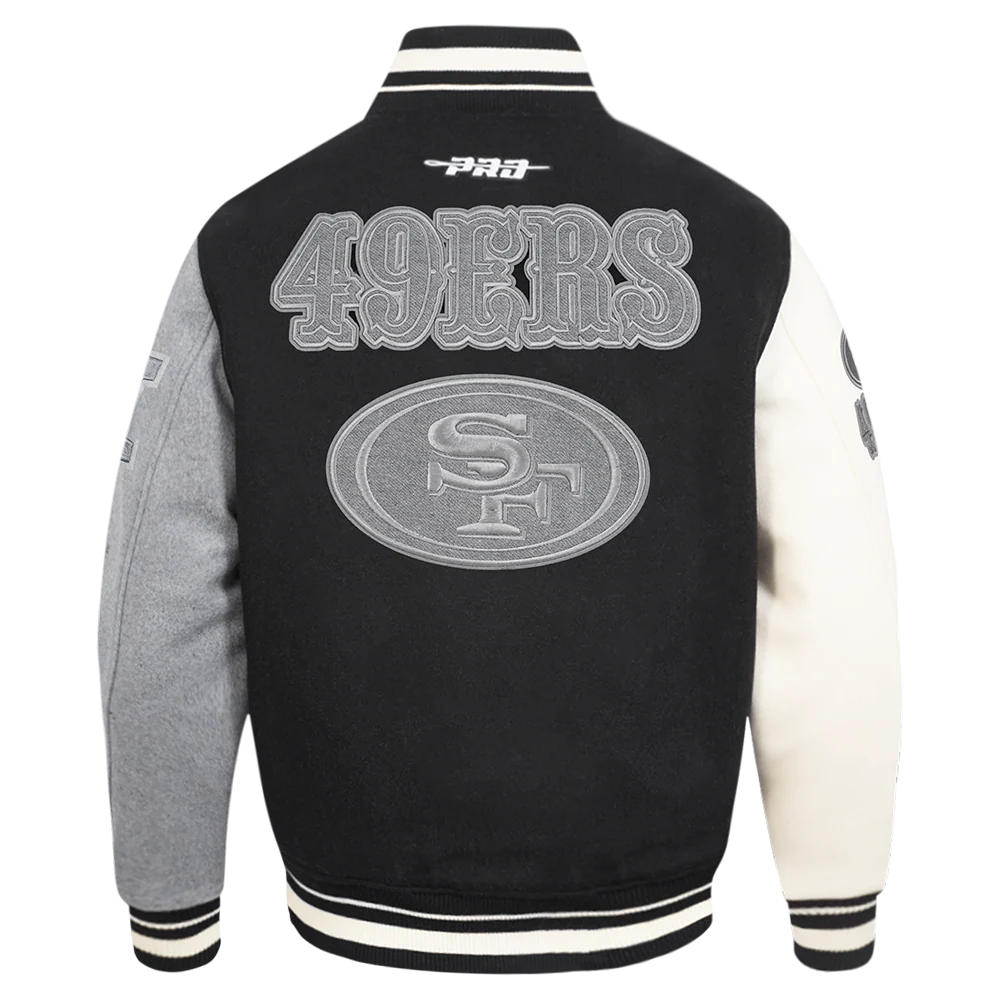 NFL SAN FRANCISCO 49ERS REVERSE FRENCH TERRY MEN'S COLOR BLOCK WOOL VARSITY JACKET (BLACK/GRAY/EGGSHELL) - Image 3