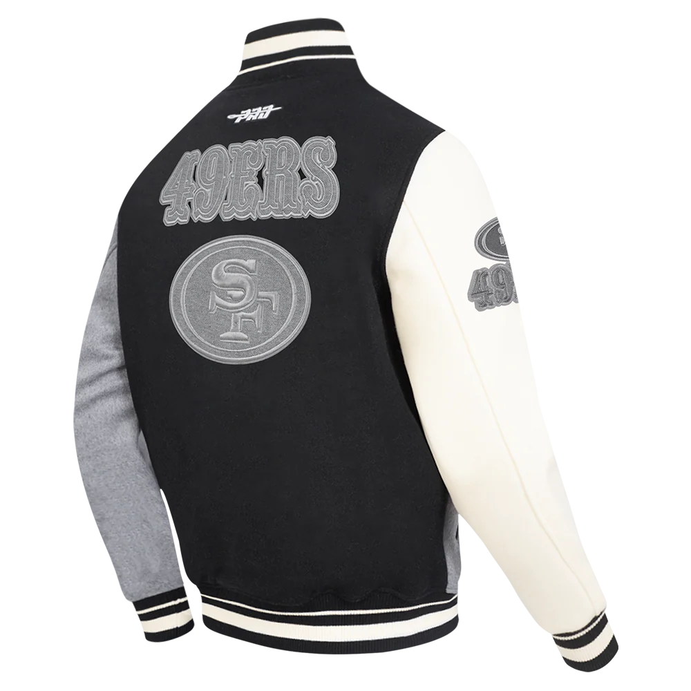 NFL SAN FRANCISCO 49ERS REVERSE FRENCH TERRY MEN'S COLOR BLOCK WOOL VARSITY JACKET (BLACK/GRAY/EGGSHELL) - Image 4