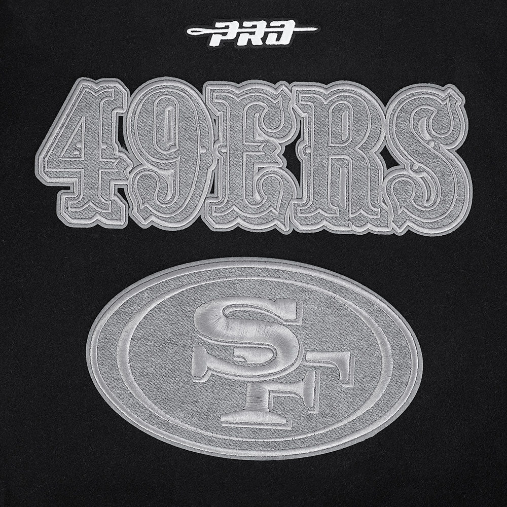 NFL SAN FRANCISCO 49ERS REVERSE FRENCH TERRY MEN'S COLOR BLOCK WOOL VARSITY JACKET (BLACK/GRAY/EGGSHELL) - Image 8