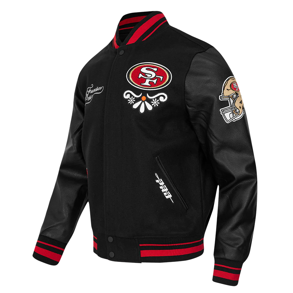 NFL SAN FRANCISCO 49ERS SUGAR SKULL MEN'S RIB WOOL VARSITY JACKET (BLACK/RED/BLACK) - Image 2