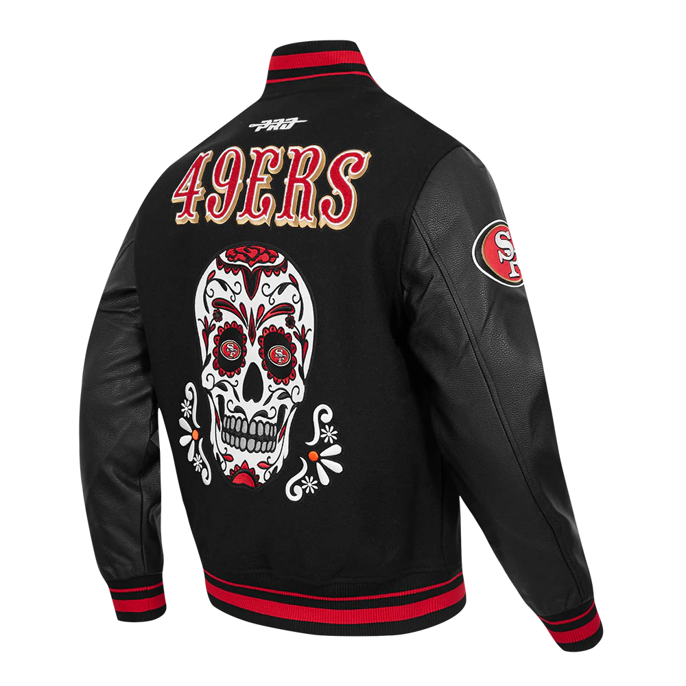 NFL SAN FRANCISCO 49ERS SUGAR SKULL MEN'S RIB WOOL VARSITY JACKET (BLACK/RED/BLACK) - Image 3