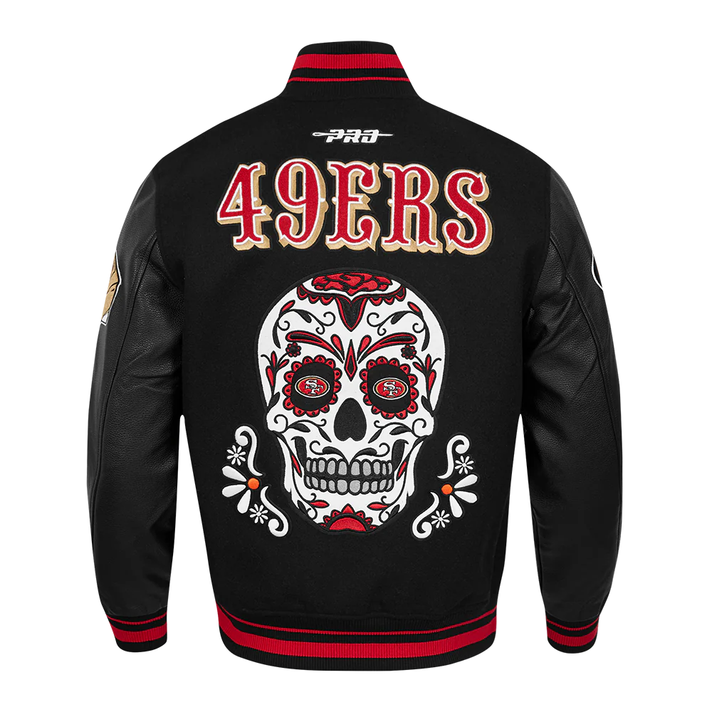 NFL SAN FRANCISCO 49ERS SUGAR SKULL MEN'S RIB WOOL VARSITY JACKET (BLACK/RED/BLACK) - Image 4