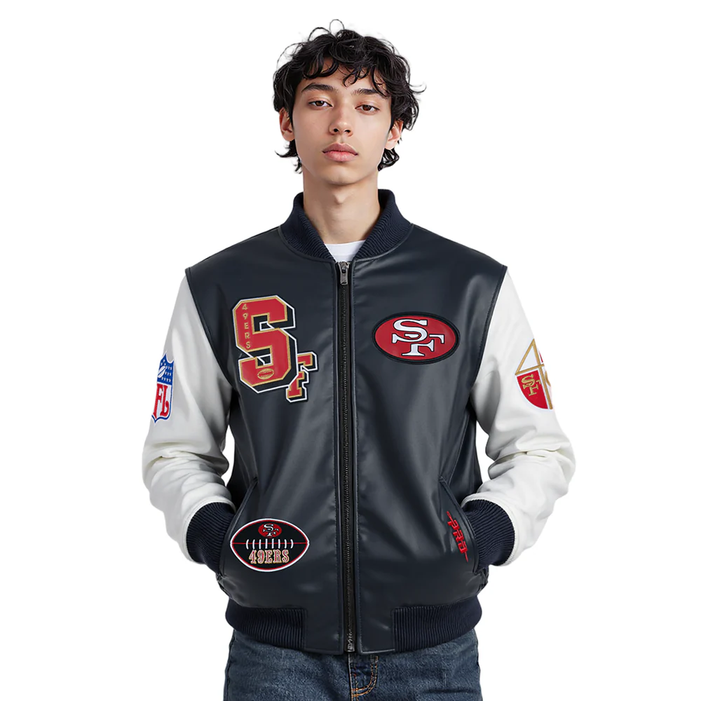 NFL SAN FRANCISCO 49ERS BEST OF MEN'S LEATHER VARSITY JACKET (BLACK/WHITE) - Image 2