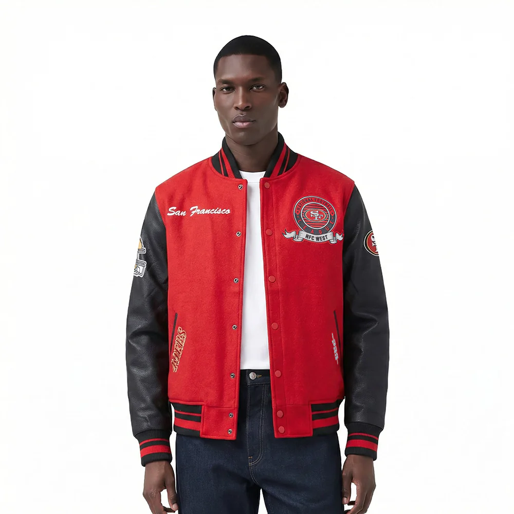 NFL SAN FRANCISCO 49ERS TEAM BADGE MEN'S RIB WOOL VARSITY JACKET (RED/BLACK)