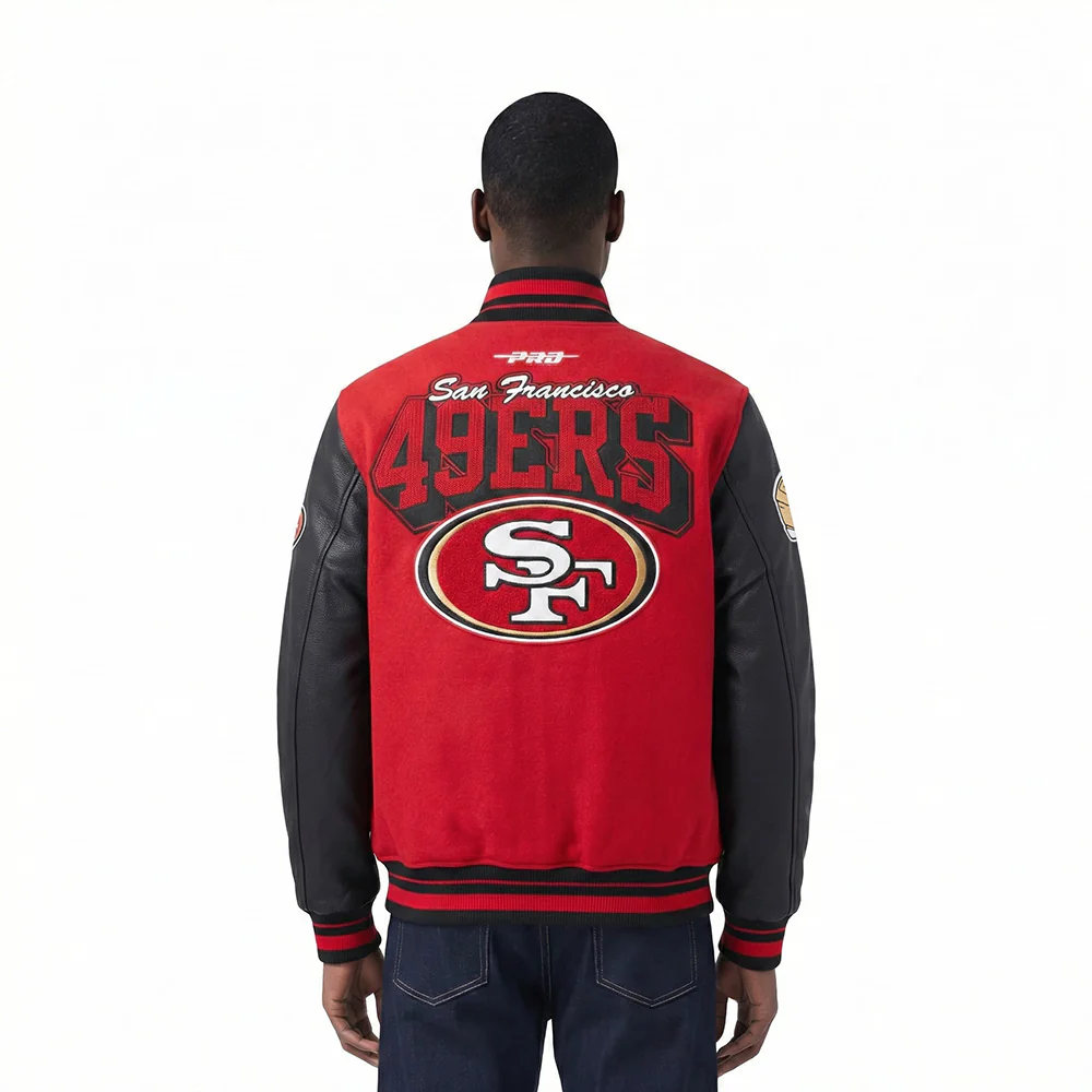 NFL SAN FRANCISCO 49ERS TEAM BADGE MEN'S RIB WOOL VARSITY JACKET (RED/BLACK) - Image 2