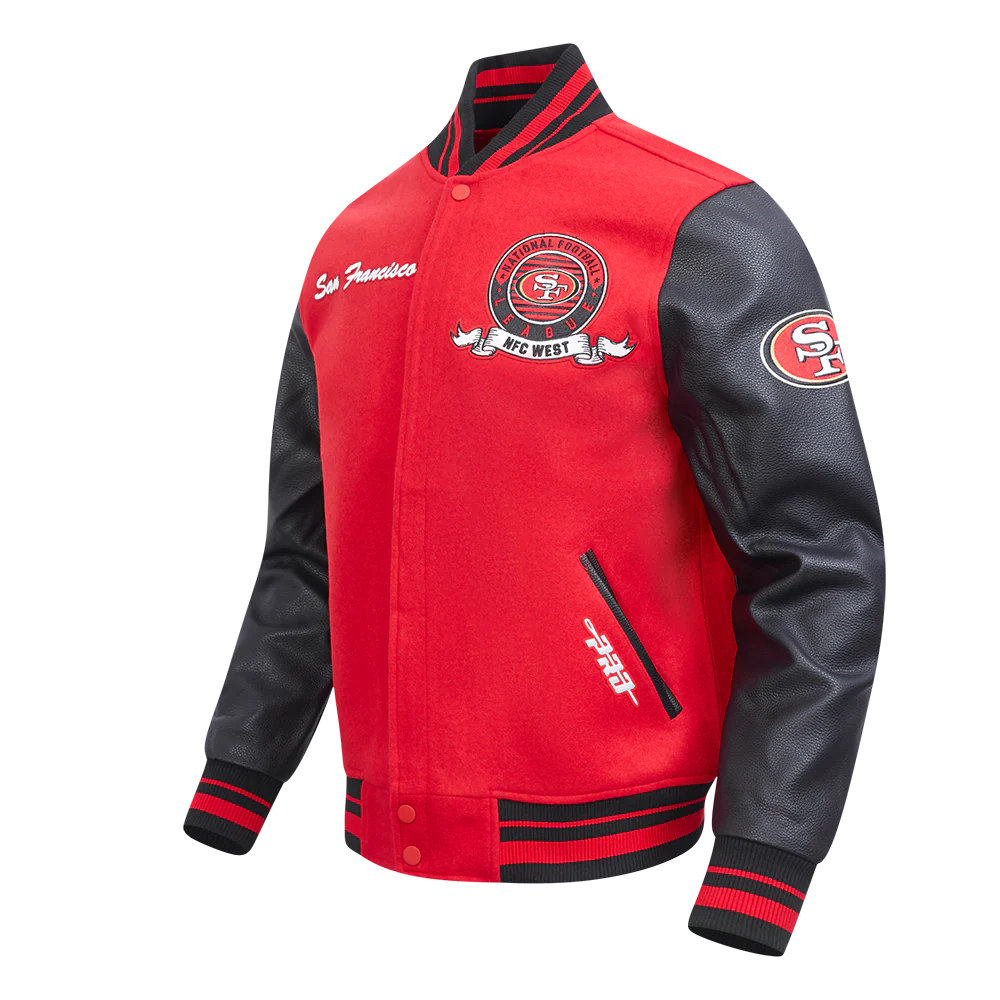NFL SAN FRANCISCO 49ERS TEAM BADGE MEN'S RIB WOOL VARSITY JACKET (RED/BLACK) - Image 4