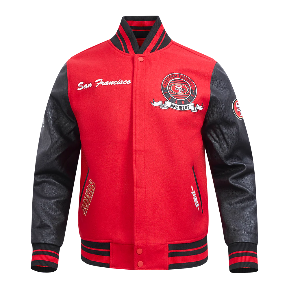 NFL SAN FRANCISCO 49ERS TEAM BADGE MEN'S RIB WOOL VARSITY JACKET (RED/BLACK) - Image 5