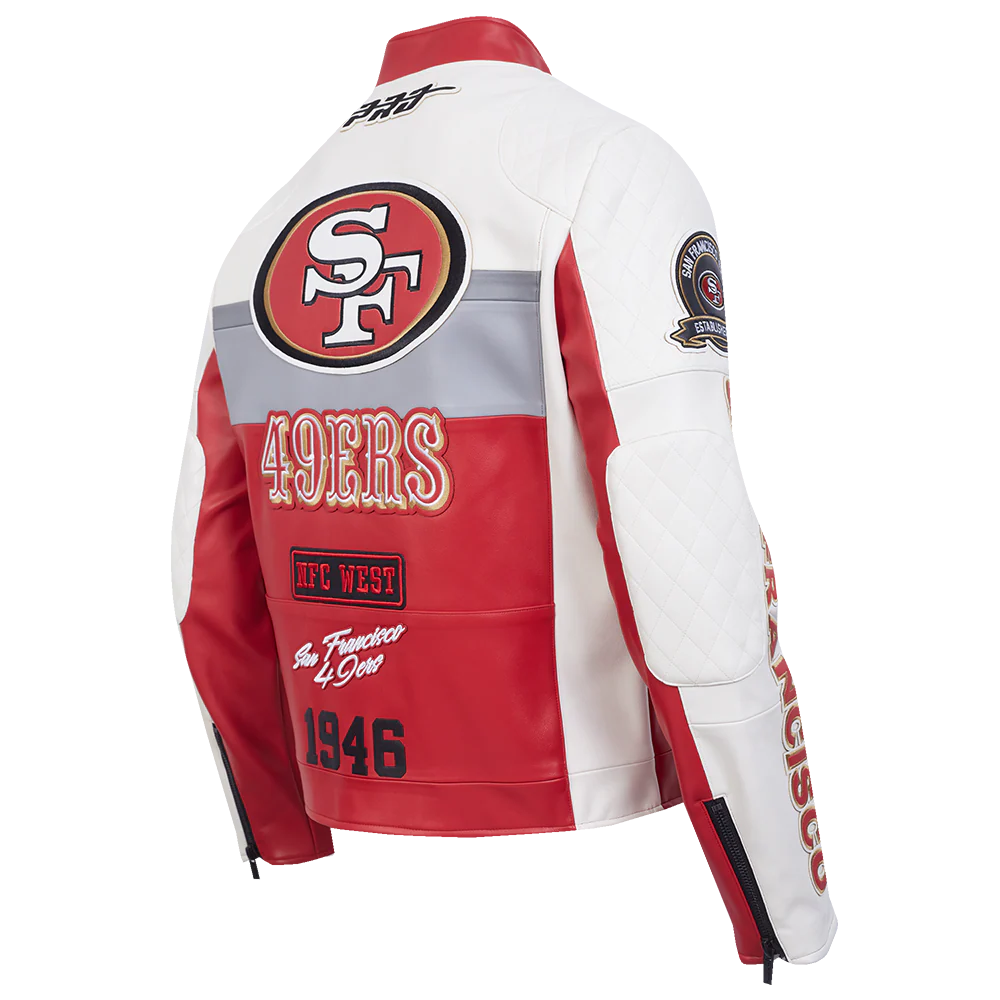 NFL SAN FRANCISCO 49ERS MEN'S MOTO JACKET (EGGSHELL/ RED) - Image 4