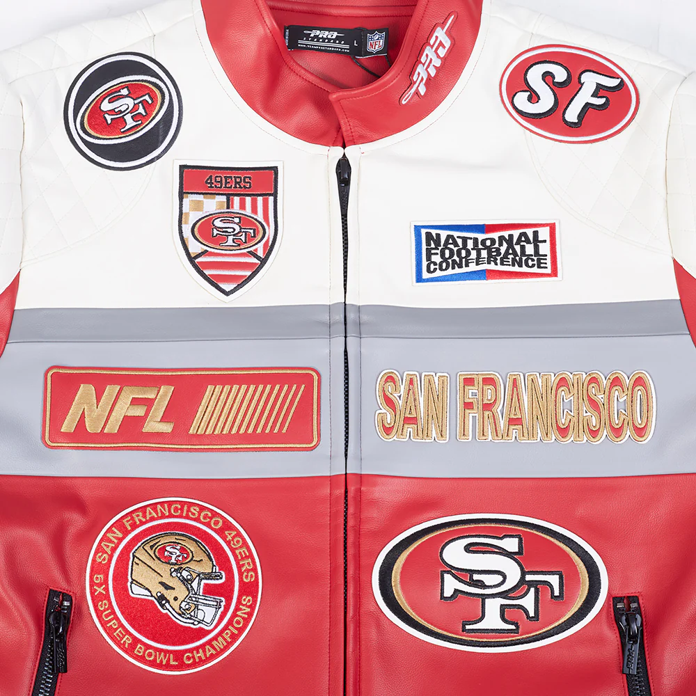 NFL SAN FRANCISCO 49ERS MEN'S MOTO JACKET (EGGSHELL/ RED) - Image 5