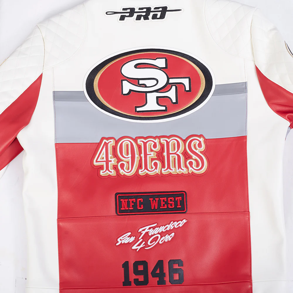 NFL SAN FRANCISCO 49ERS MEN'S MOTO JACKET (EGGSHELL/ RED) - Image 8