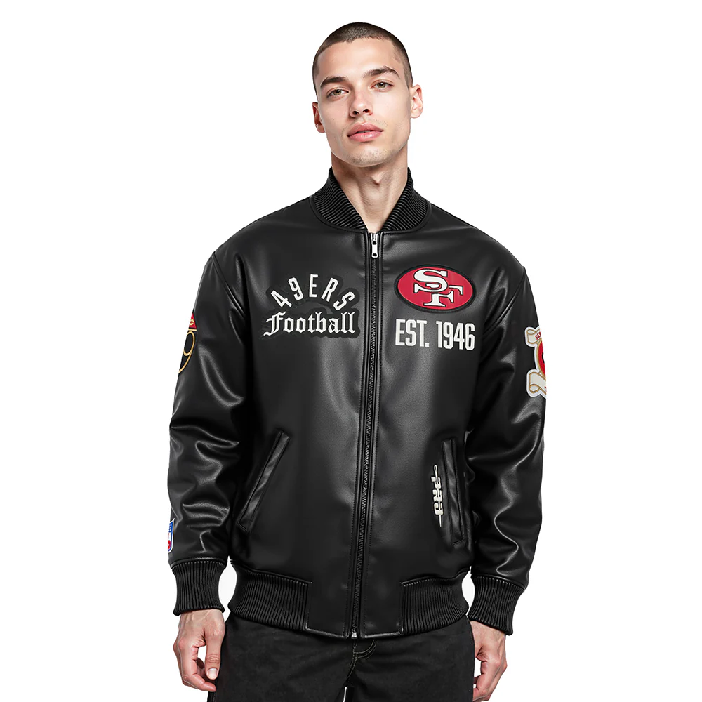 NFL SAN FRANCISCO 49ERS MODERN ORIGINALS MEN'S LEATHER VARSITY JACKET (JET BLACK)