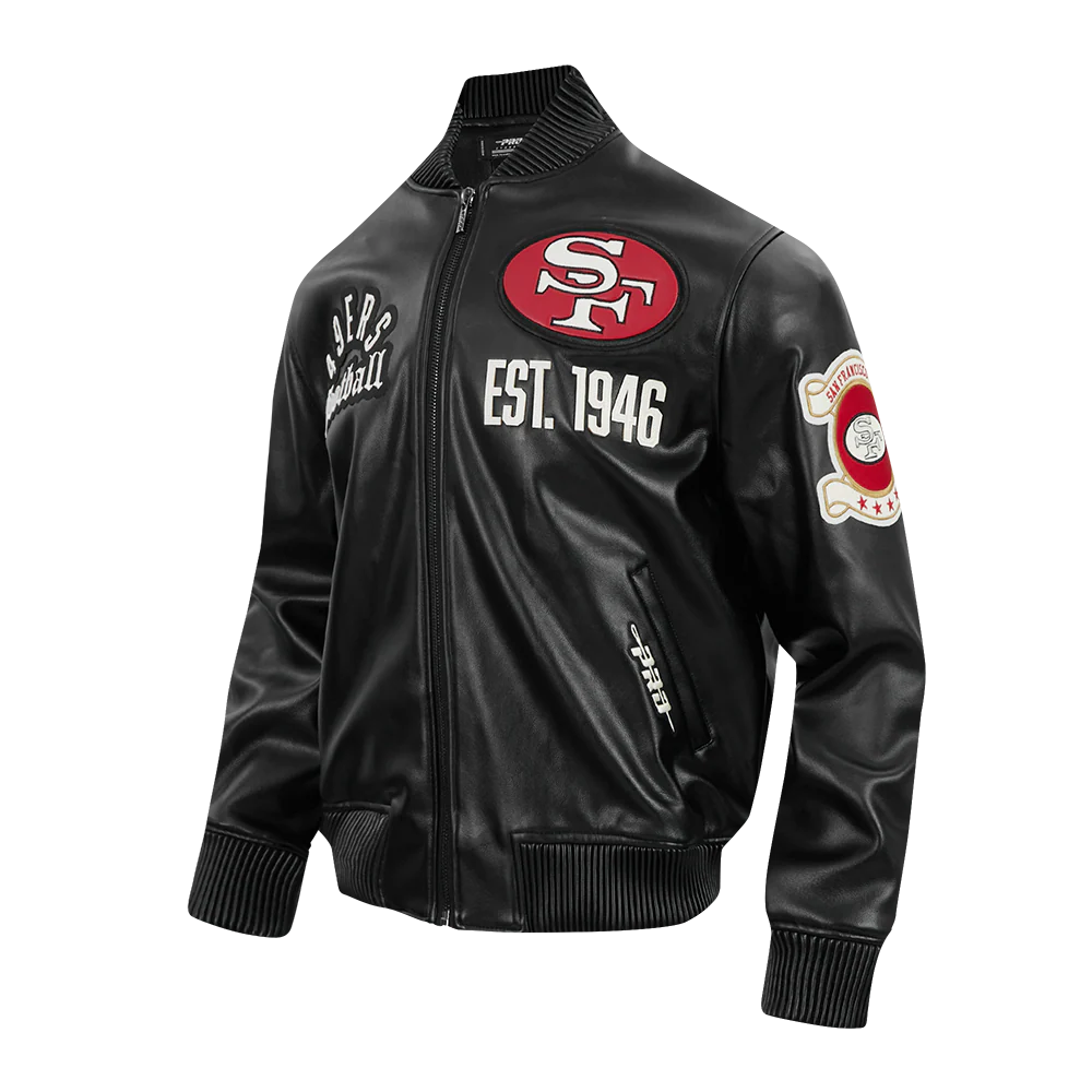 NFL SAN FRANCISCO 49ERS MODERN ORIGINALS MEN'S LEATHER VARSITY JACKET (JET BLACK) - Image 3