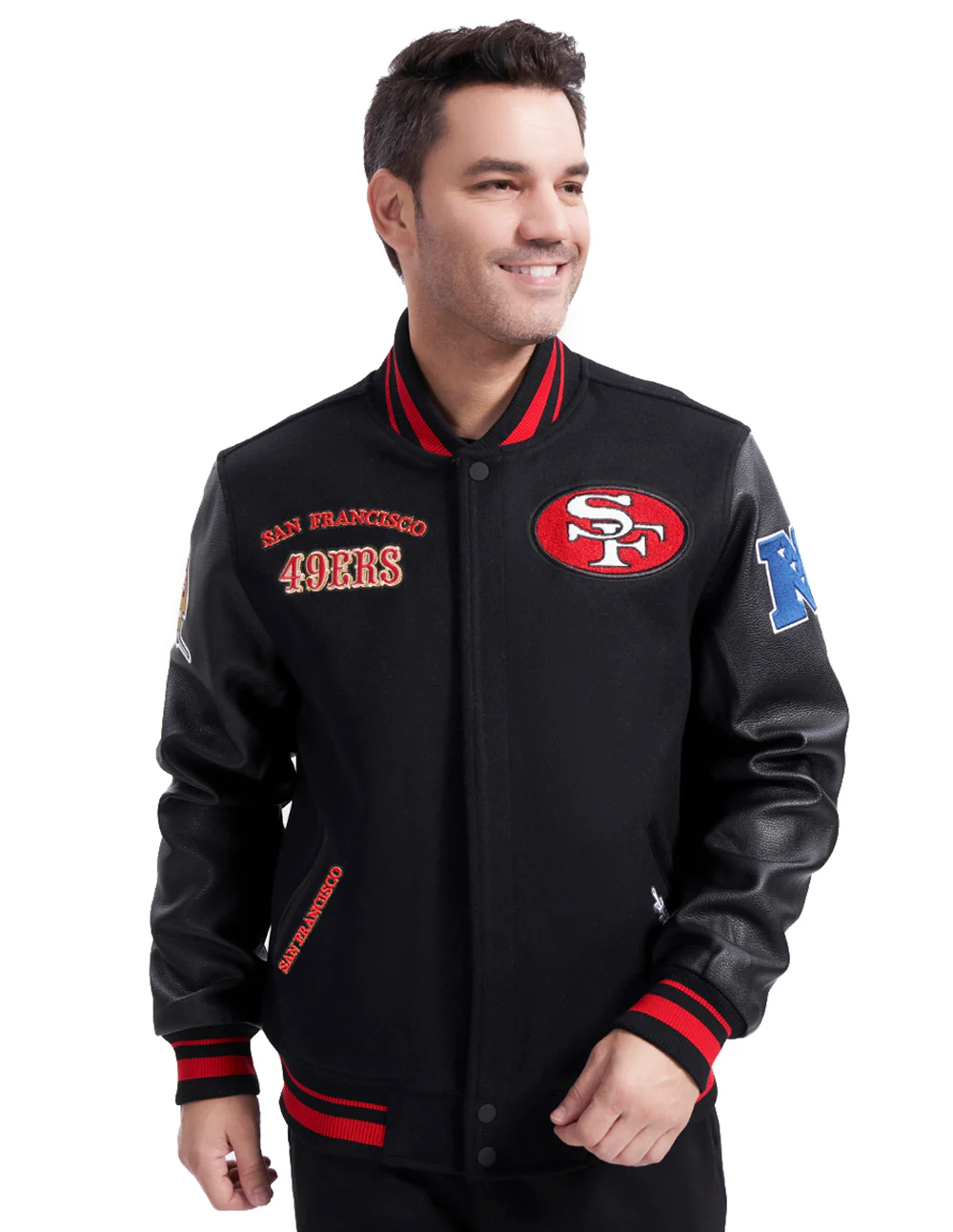 NFL SAN FRANCISCO 49ERS RETRO CLASSIC MEN'S RIB WOOL VARSITY JACKET (BLACK/RED/BLACK)